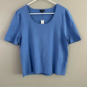 Talbots Blue Scalloped Scoop Neck Knit Short Sleeve Sweater Top Size XLP NWT